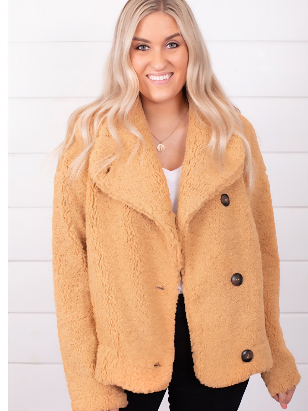 Button-Front Teddy Jacket in Camel